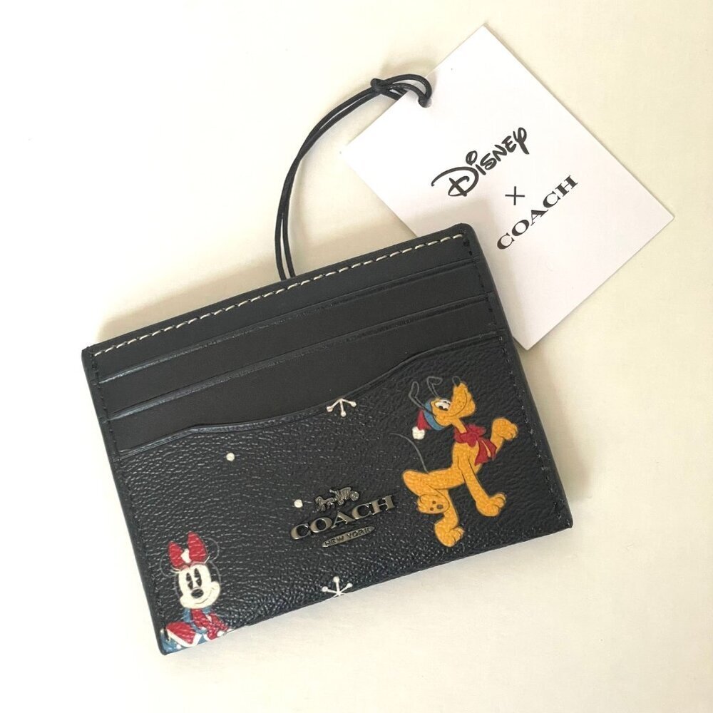 Disney x Coach Slim ID Card Case Holiday CN032 Black Leather Minnie Pluto ORGPKG - Picture 4 of 8